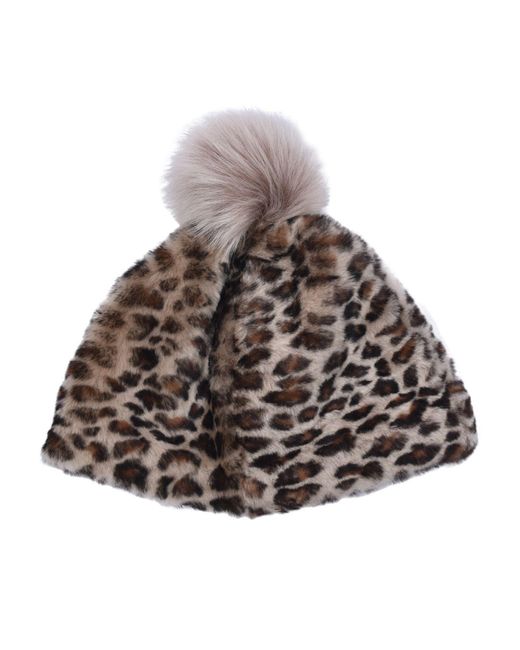 Owen Barry Brown Sheepskin Pull On Beanie Pom Pom Leopard Joni