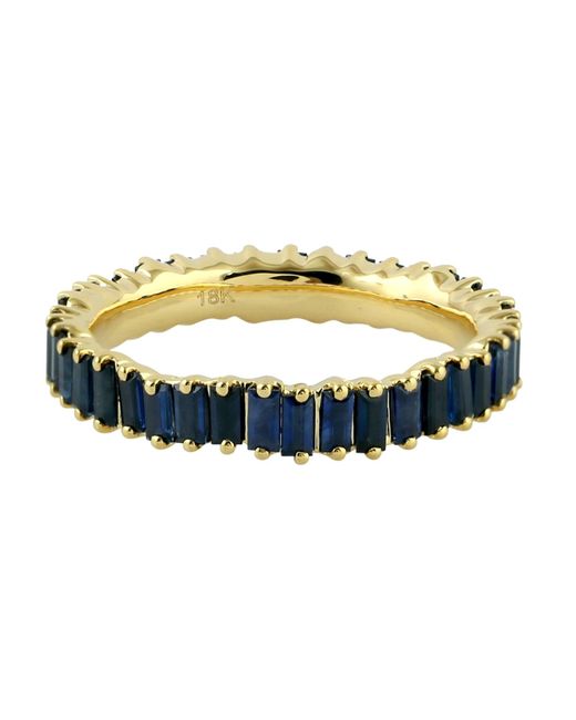 Artisan Metallic Baguette Blue Sapphire Gemstone Band Ring In Solid 18k Yellow Gold