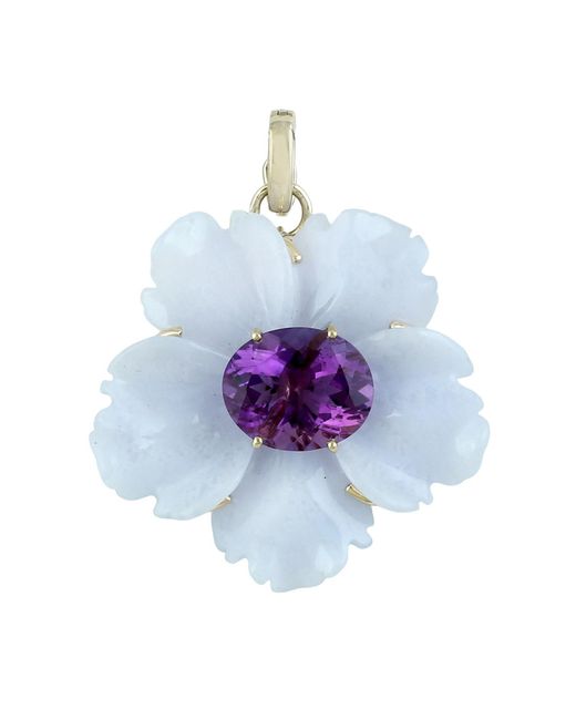 Artisan Blue 14K Carved Chalcedony & Amethyst Flower Pendant