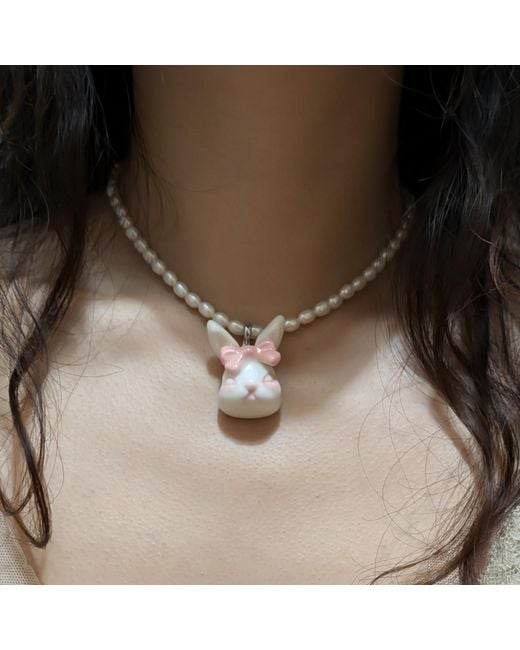 H2 Studio White Grumpy Bunny Pinky Bow Tie Freshwater Pearl Necklace