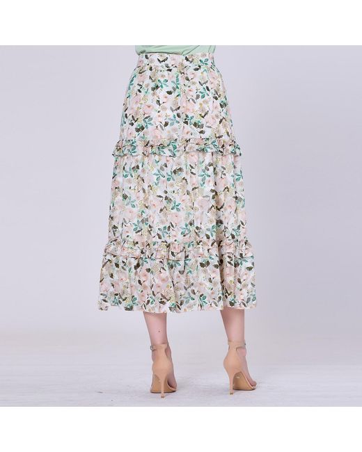 Smart and Joy White Flower Print Tiered Ruffles Midi Skirt