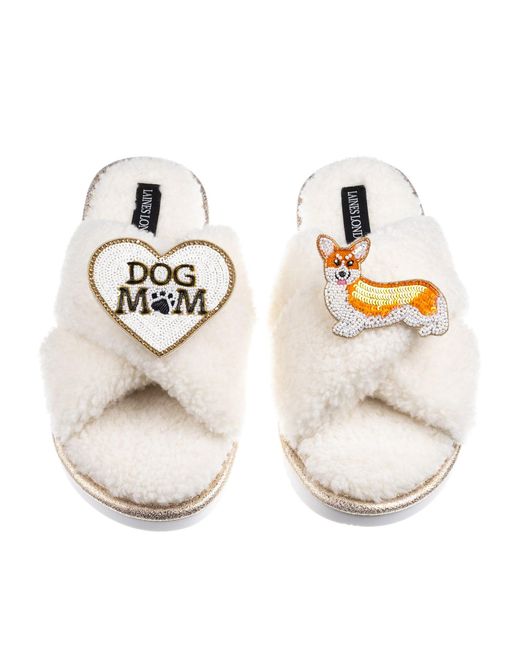 Laines London Metallic Neutrals Boucle Slippers With Dog Mum/Mom & Peach The Corgi Brooches