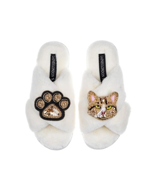 Laines London Metallic Classic Laines Slippers With Tabby Cat & Paw Brooches