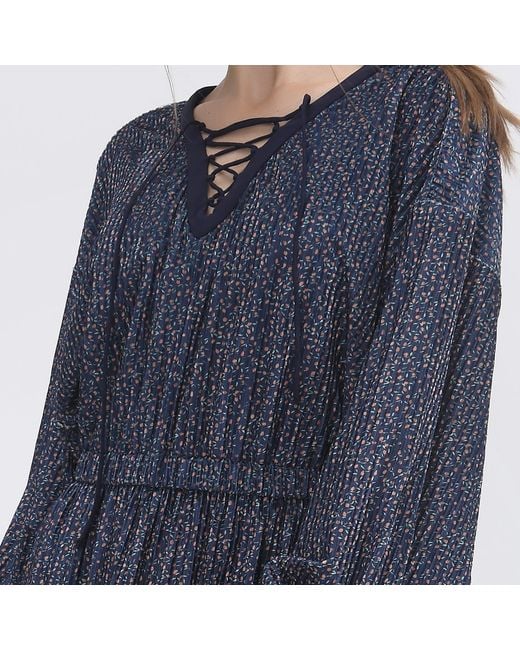 Smart and Joy Blue Lacing On V-Neck Velvet Tunic Dress With Liberty Print