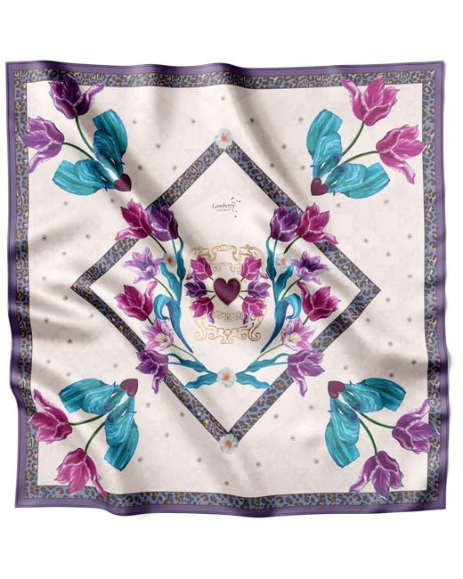 Lamberty Munich Blue Neutrals Spring Tulips Silk Scarf