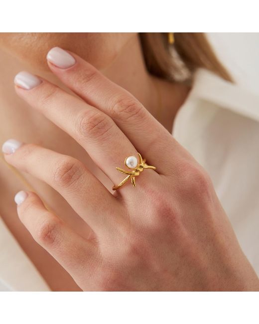 Spero London Metallic Barbed Wire Design Pearl Adjustable Sterling Natural Hammered Ring