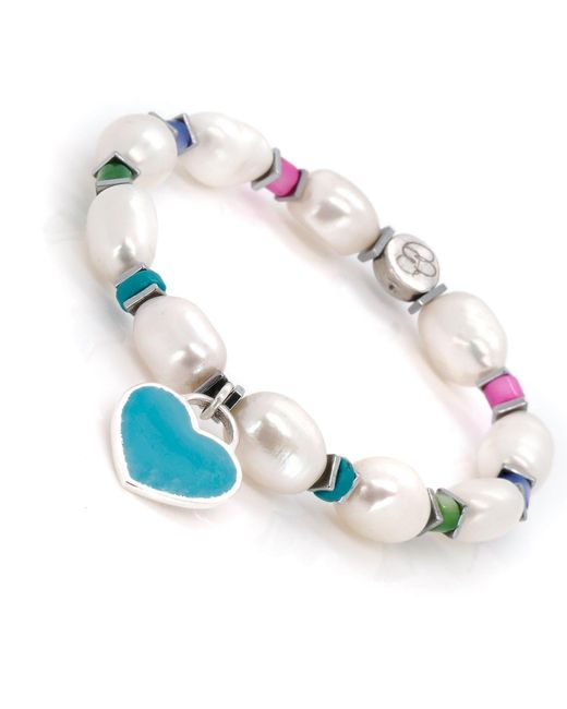 Ebru Jewelry Blue Sterling Enamel Heart Charm Pearl Beaded Bracelet