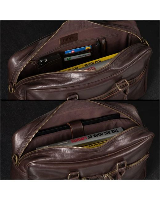 Hides Leather Co. Brown Handmade Leather Briefcase, Slim Laptop Messenger With Shoulder Strap for men
