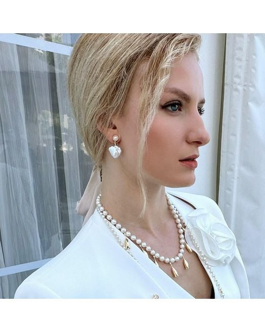 Farra Metallic Baroque Pearls Dangle Clip On Earrings