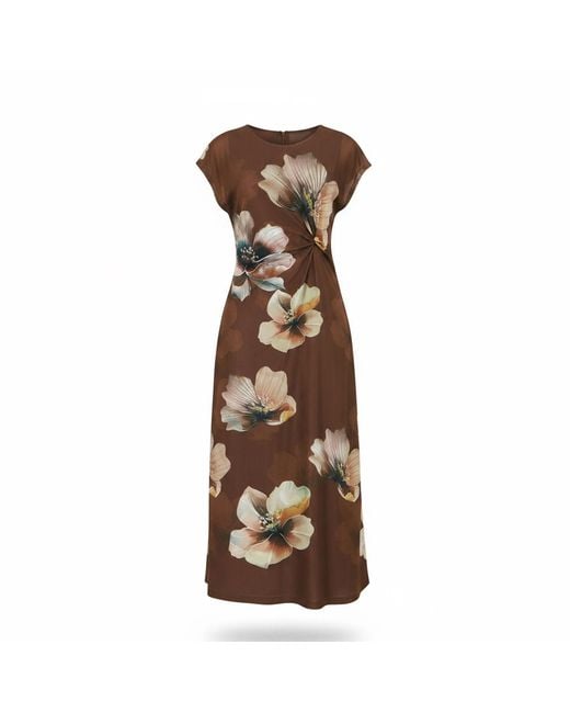 Yumi' Brown Mesh Floral Midi Dress