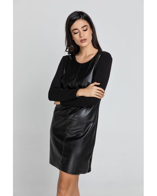 Conquista Black Dress With Faux Leather Front By Fashion
