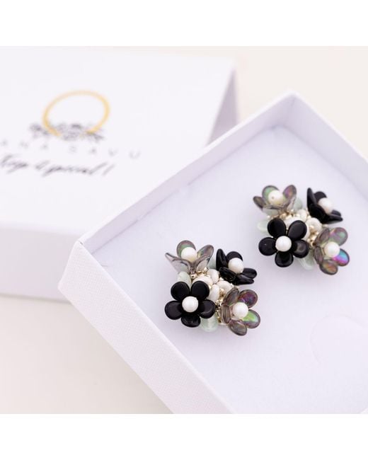Oana Savu Black Ear Studs Beaded Flowers Earrings