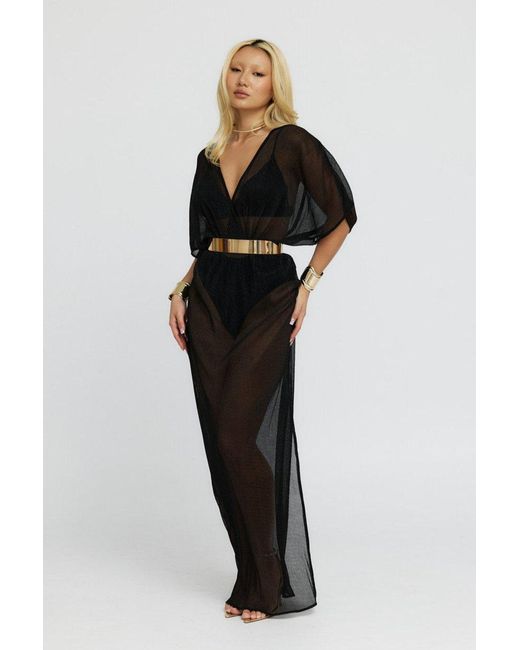 Why Mary Black Aphrodite Sheer Lurex Maxi Dress