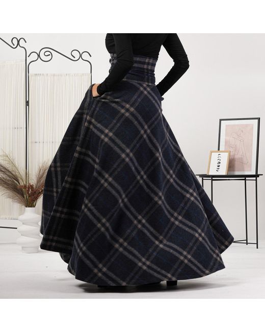 Nikka Place Blue Wool Tartan Floor Length Skirt With Ultra High Waist