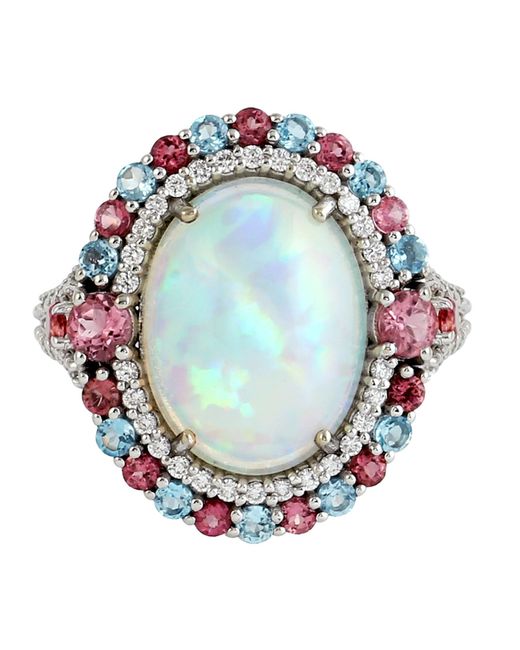 Artisan 18k Gold In Ethiopian Opal & Pink Tourmaline With Blue Topaz Pave Diamond Antique Ring