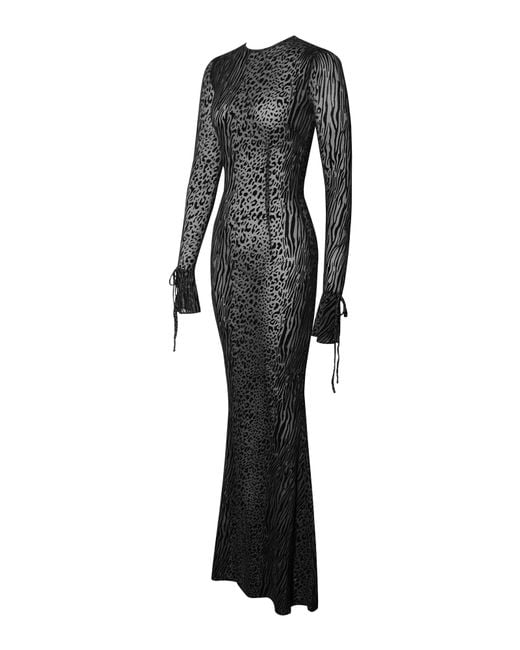 Miss Circle New York Black Waylynn Animal Print Burnout Velvet Detail Mesh Backless Maxi Dress