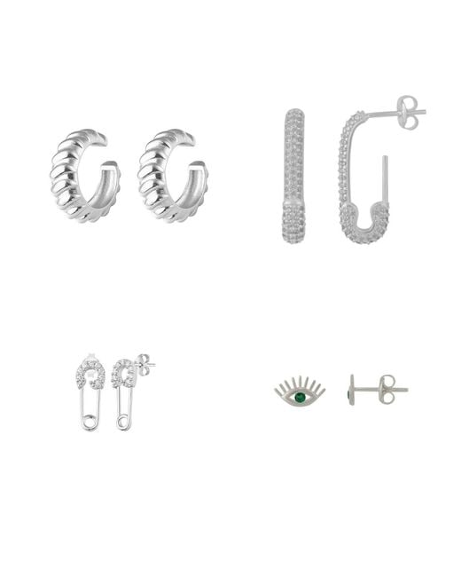 Spero London White Sterling Safety Pin Stud Croissant Ear Cuff & Emerald Evil Eye Earring Set