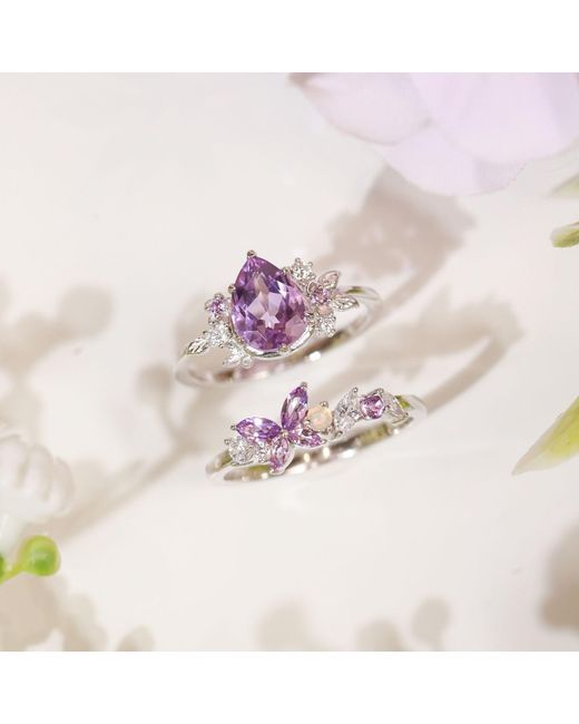 Azura Jewelry New York White Monarch Butterfly Amethyst Opal Ring Solid