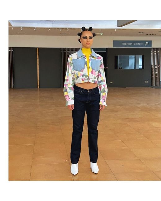 Couture to Your Door Blue Geometric Pastel Bomber Jacket