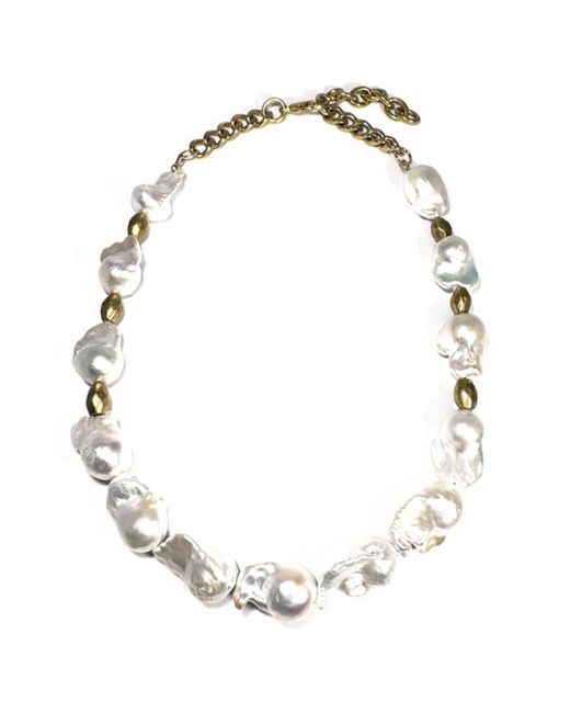 Rachel Nathan Metallic Neutrals Baroque Pearl & Brass Barrel Necklace