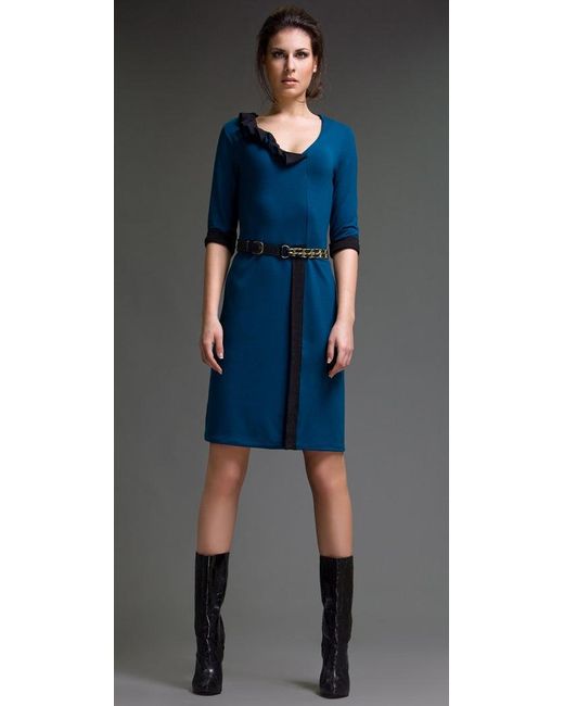 Conquista Blue Elbow Sleeve Two Tone Felt Dress With Frill & Trim Detail