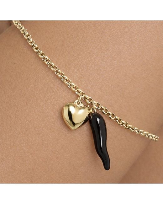 Unaloe Metallic Vermeil Cornicello & Heart Charm Bracelet – Enamel Italian Good Luck Jewelry, Handmade Lucky Talisman