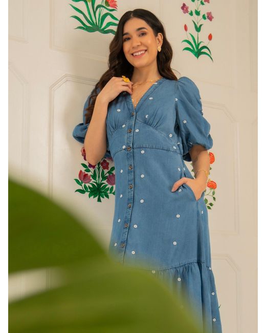 Rose & Nancy Blue Mila Denim Tencel Daisy Embroidered Midi Dress
