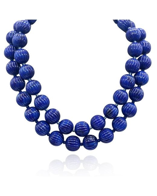 Michael Nash Jewelry Blue Vicenza Sapphire Resin Carved Seventeen And Half Inches Melon Bead Necklace
