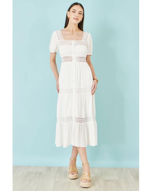 Yumi' White Cotton Square Neckline Lace Midi Dress