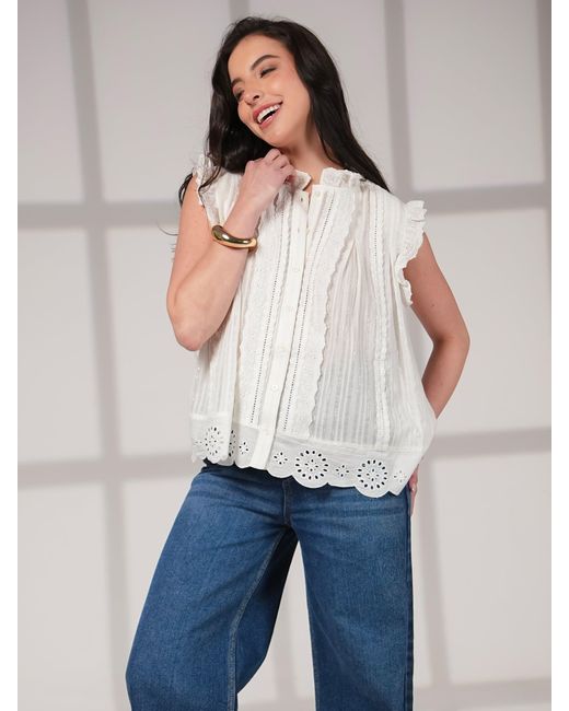 Rose & Nancy White Jean Ivory Cotton Lace Trim Pretty Swing Top