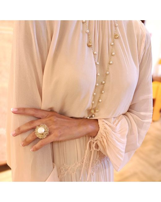 Farra Metallic Romantic Style Floral Freshwater Pearl With Crystal Cocktail Ring