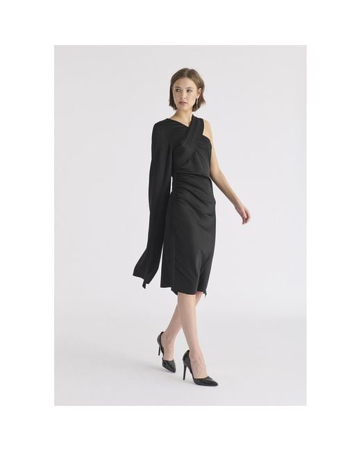 Paisie Black Asymmetric Draped Cape Sleeve Dress