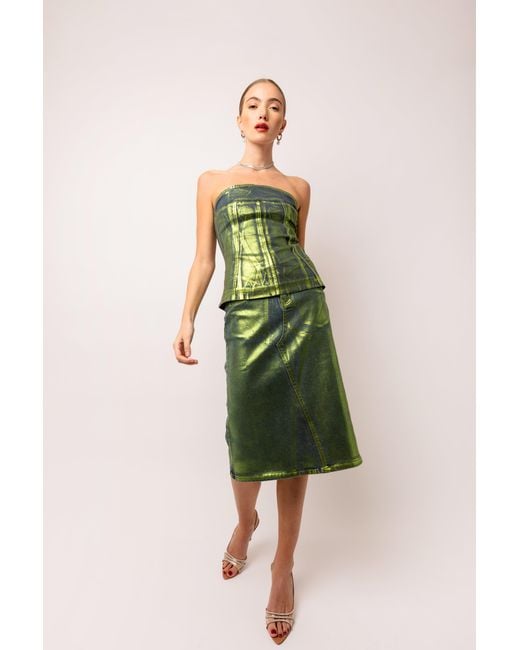 Amy Lynn Green Clara Denim Foil Coated Midi Skirt
