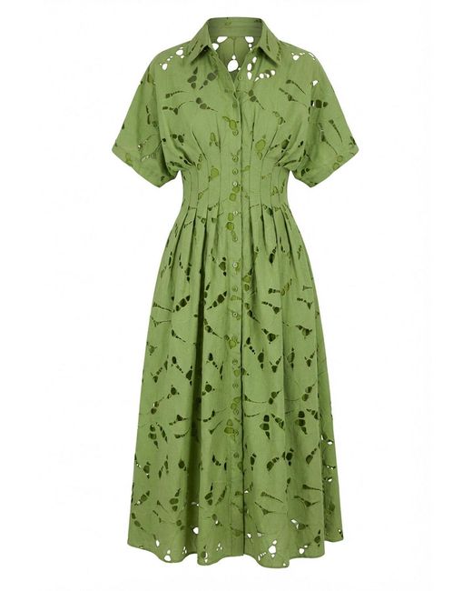 Exquise Green Fabroni Buttoned Eyelet Lined Midi Shirt Dress