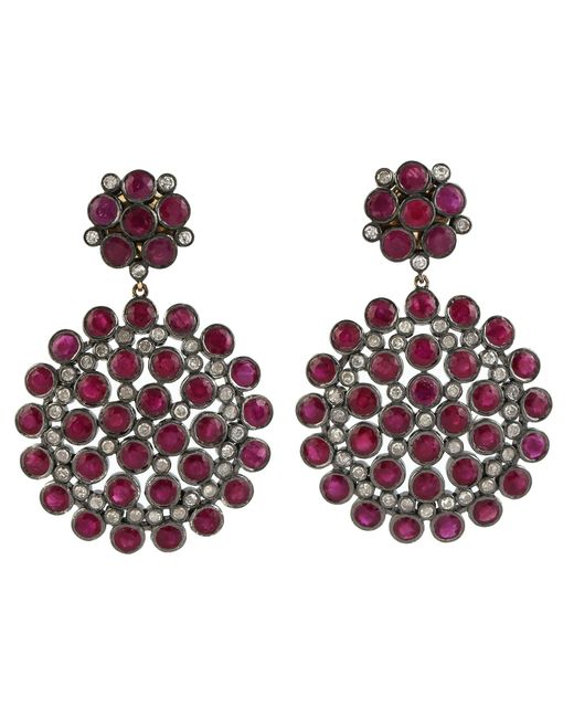 Artisan Multicolor Bezel Set Ruby With Diamond Vintage Round Dangle Earring In 14k Gold & 925 Starling Silver