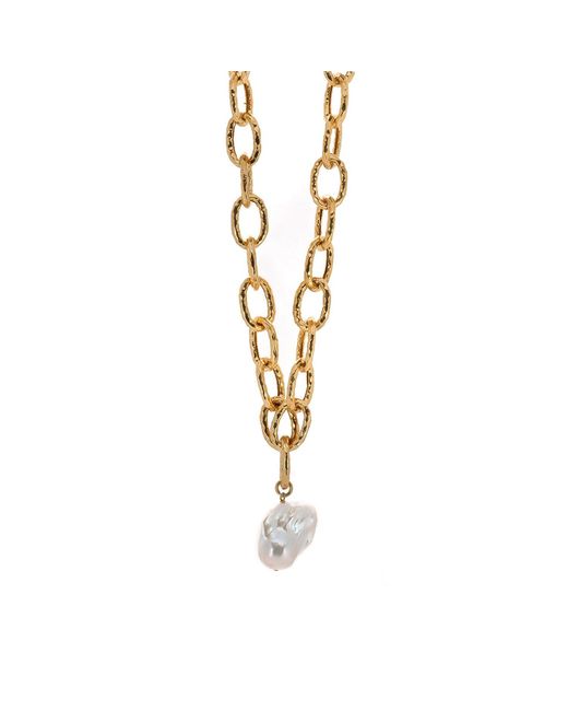 Ebru Jewelry Metallic Majestic Pearl Stone Pendant Link Chain Necklace