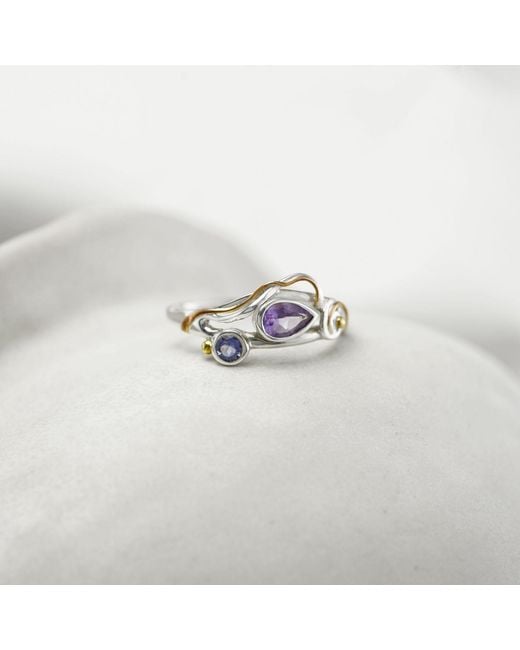 Isla Silver White Handmade Teardrop Amethyst & Iolite Ring