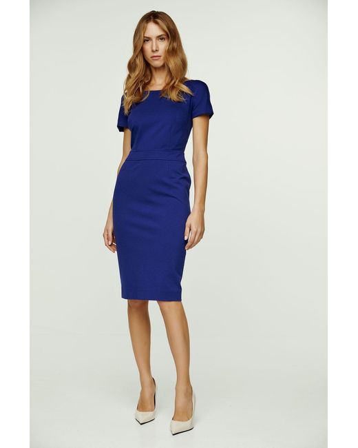 Conquista Blue Fitted Electric Cap Sleeve Dress Punto