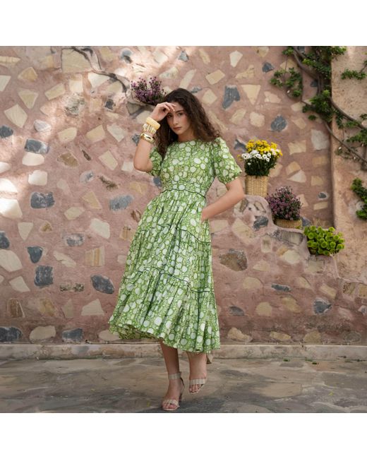 Echo of Pink Green Matilda Hand Block Print Cotton Dress