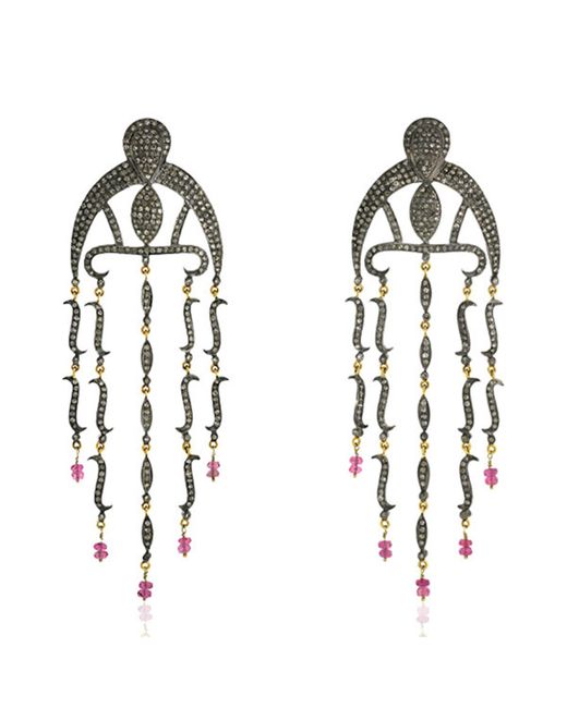 Artisan Metallic 18k Gold Silver With Natural Pave Diamond & Pink Tourmaline Chandelier Earrings