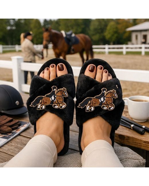 Laines London Black Classic Laines Slippers With Dressage Horse Brooches