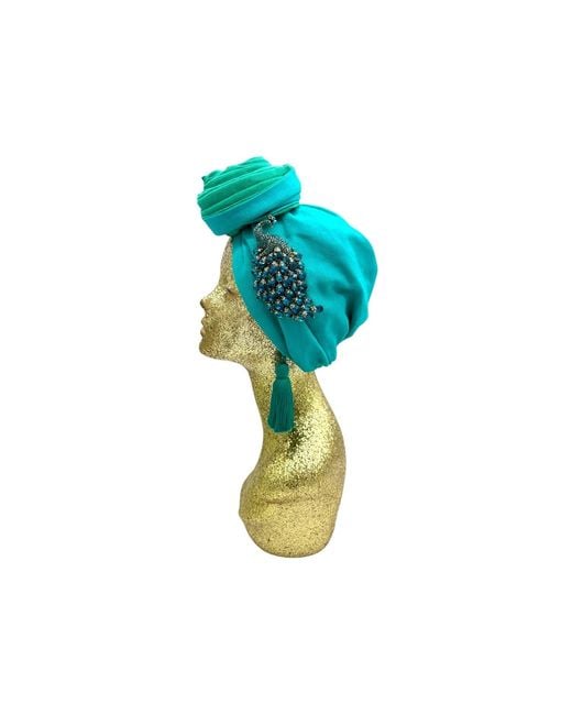 Julia Clancey Green Edith Jade & Azure Peacock Reversible Tassels Linen Turban