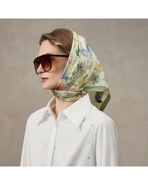 Asyii Metallic Neutrals Printed Floral Silk Twill Square