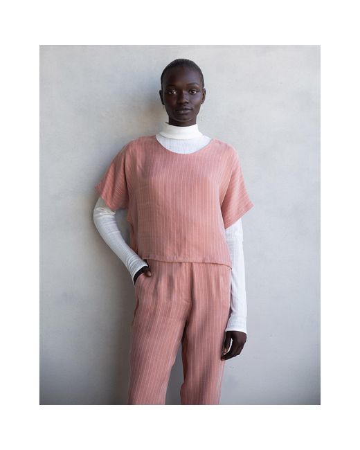 By Noa Rawitz Purple Cupro Boat Neckline Dolman Short Sleeves Top- Peach/ Light And Pinstripe
