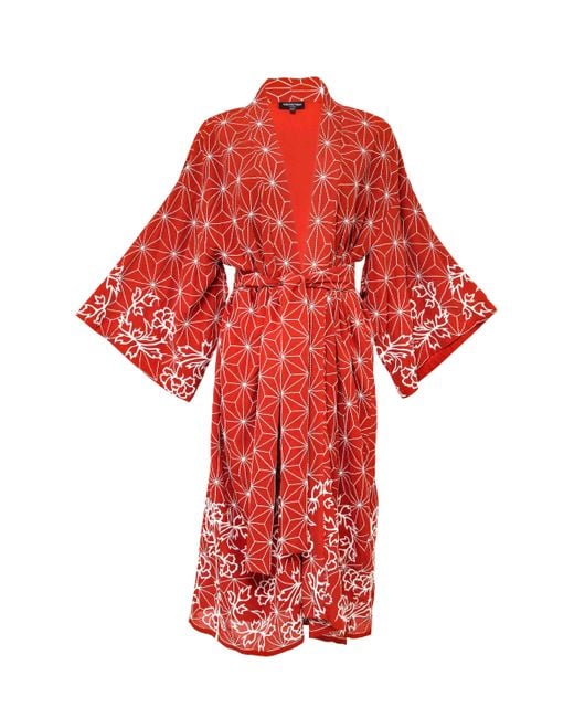 Artemis Muse Asanoha & Peony Embroidered Terracotta Fully Lined Long Kimono