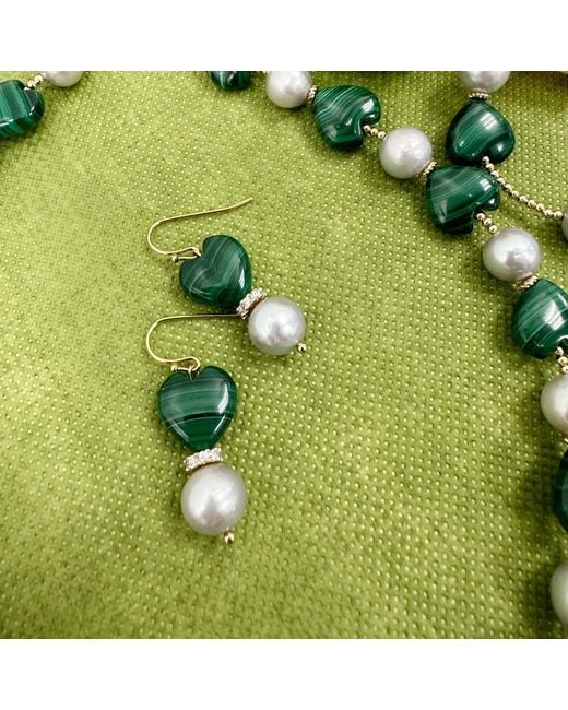 Farra Green Heart Malachite With Freshwater Pearls Dangle Earrings