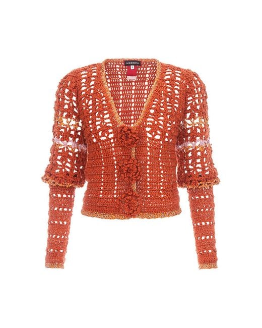 Andreeva Red Chrysanthemum Terracotta Handmade Crochet Cardigan