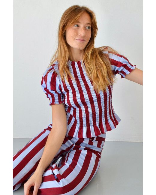 Mind Traveler Red Chia Burgundy And Light Short Sleeved Striped Blouse