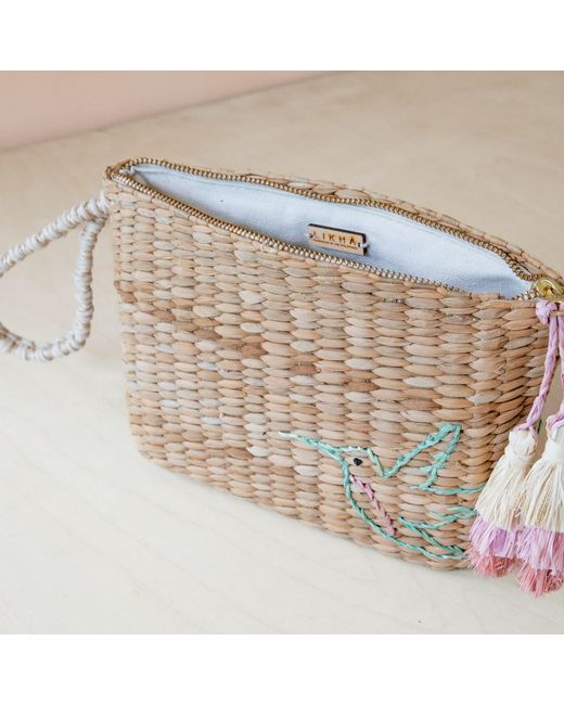 LIKHÂ Brown Neutrals Handwoven Seagrass Hummingbird Wristlet Pouch With Tassels