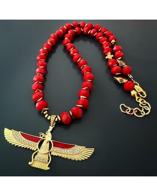 Ebru Jewelry Divine Protection Faravahar Symbol Pendant Red Beaded Necklace
